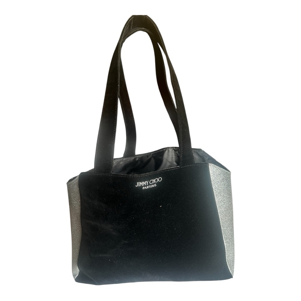 Womens Jimmy Choo Parfums Black Velvet Metallic Silver Glitter Trim Tote Bag